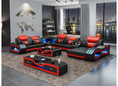 Obývací souprava Pohovka Potahový nábytek Sofa 3 dílná sada Konferenční stolek Komoda Kožený