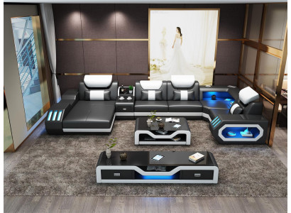 Moderní designová sedací souprava, rohová sedačka, gauč, čalouněný tv stůl kůže