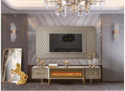 Luxusní stěna s krbem, stojanem na televizi, televizní stolkem, obývací stěna, komoda.