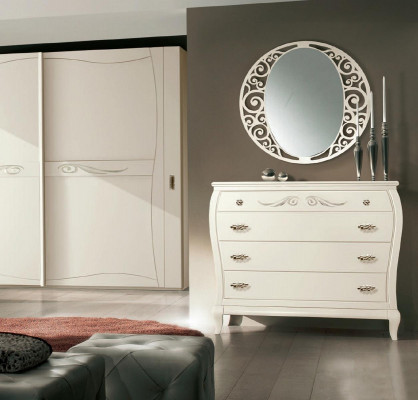 Sideboard komoda s ​​zrcadlem, sideboards z ​​dřeva, 2dílný nábytek v bílé barvě, Itálie.