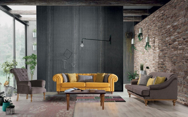 Chesterfield Pohovka Relaxační Tkanina Lounge Luxusní Polstrovaný Křeslo Design Hnědá