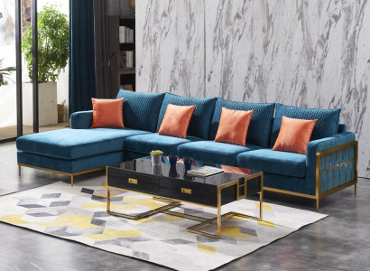 Ecksofa ve tvaru L Konferenční stůl Pohovka Obývací nábytek Design Přepážka Luxus Modrá Stůl