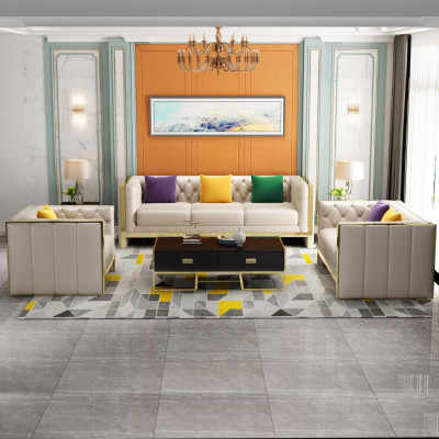 Beige Chesterfield sada sedacích souprav 3+2 místné sedací soupravy potahované kůží do obývacího pokoje.