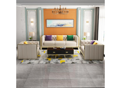 Beige Chesterfield sada sedacích souprav 3+2 místné sedací soupravy potahované kůží do obývacího pokoje.