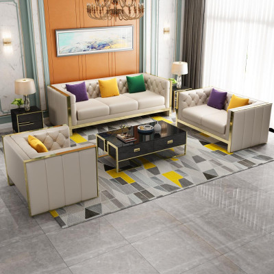 Beige Chesterfield sada sedacích souprav 3+2 místné sedací soupravy potahované kůží do obývacího pokoje.