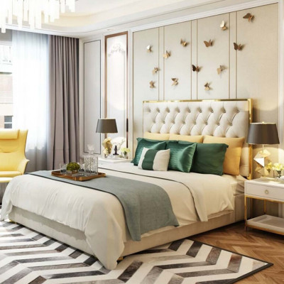 Klasický anglický styl postele Chesterfield s dvojitým textilním lůžkem o rozměrech 180x200 cm.