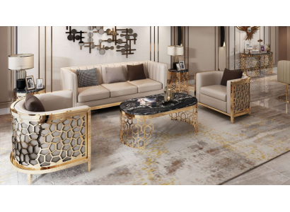 Design Pohovky Přezka Kožešina Relax Moderní NOVÝ Béžový Sedací souprava 3+1+1 Místné