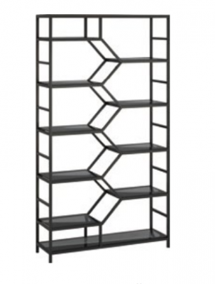 Kovová police s oddělovací stěnou, designový luxusní regál v loft stylu, černá skříň.