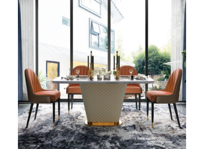 Luxusní designová jídelna s kulatým jídelním stolem a 4 x židlemi s opěrkou z kovu