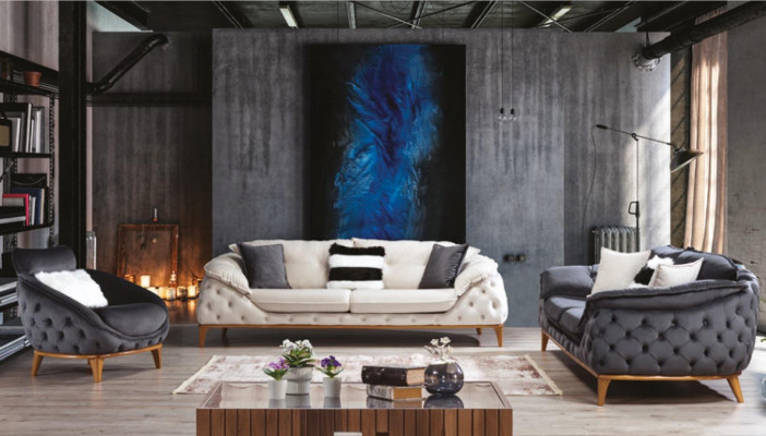 Chesterfield s dřevěným textilním gaučem, sestava sedadel 331 se židlí, potahy