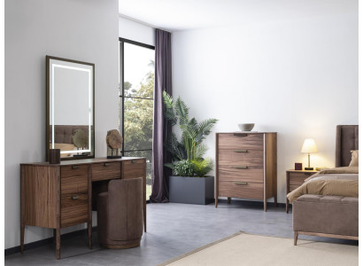 Nástavec šminkovacího stolu s konzolou, zrcadlo, dřevěný materiál, nábytek do ložnice, designový stolička.