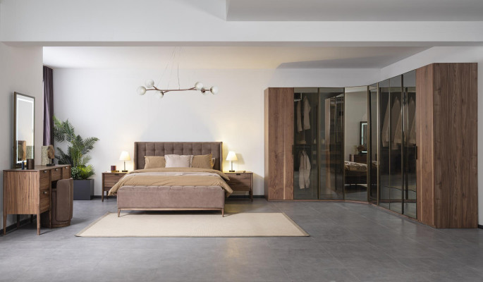 Nástavec šminkovacího stolu s konzolou, zrcadlo, dřevěný materiál, nábytek do ložnice, designový stolička.