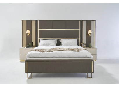 Postel manželská postel 2x Noční stolky Dřevo Design Postele Ložnice Polštář 3 ks Set