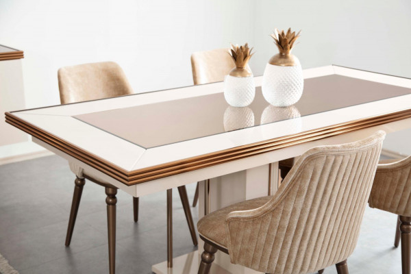 Luxus jídelní stůl Stůl Beige Skleněný stůl Dřevěný stůl Designér Tischer Kuchyň