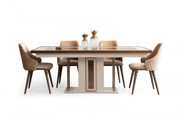 Luxus jídelní stůl Stůl Beige Skleněný stůl Dřevěný stůl Designér Tischer Kuchyň