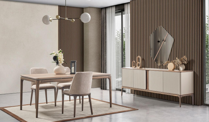 Jídelní sestava jídelní stůl 4 židle Komoda Zrcadlo Moderní 7 dílů Dřevo Beige