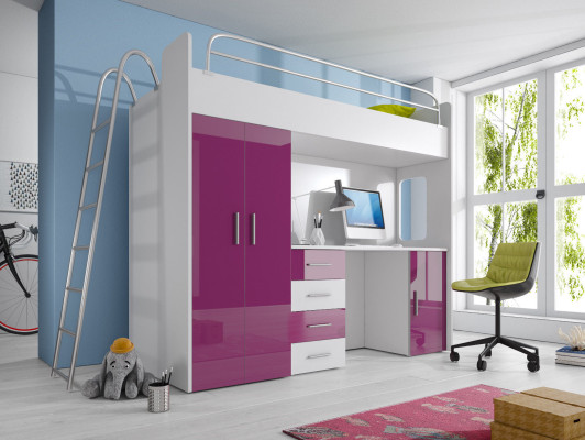 DOPPELSTOCKBETT STOCKBETT ETAGENBETT MIT SCHREIBTISCH+KLEIDERSCHRANK-RAJ 4D LILA