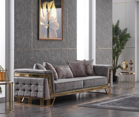 Šedá třímístná luxusní obývací pohovka, designová textilní sedací souprava souprava do obývacího pokoje.