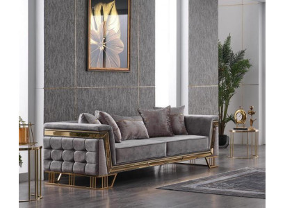 Šedá třímístná luxusní obývací pohovka, designová textilní sedací souprava souprava do obývacího pokoje.