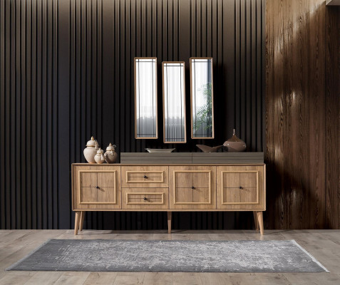 Luxus komoda s překližkou Sideboard se 3 zrcadly dřevěná skříň komoda skříň dřevo hnědá