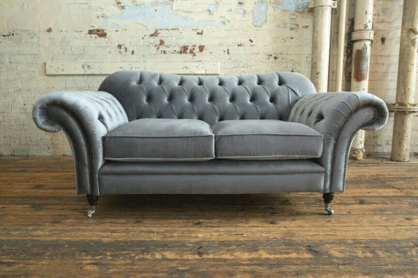 Chesterfield Originální Pohovka z Textilu Sedací Soupravy Šedá Látka 200cm