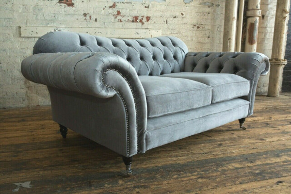 Chesterfield Originální Pohovka z Textilu Sedací Soupravy Šedá Látka 200cm
