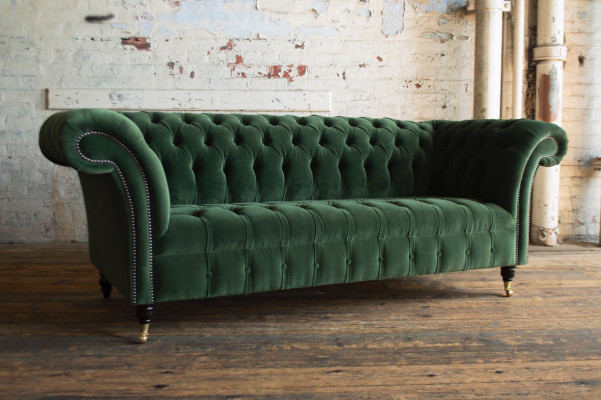 Klasická pohovka Chesterfield design 3-místná pohovka Samt Leder big zelená nová