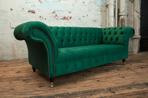 Klassische Chesterfield Couch 3 Sitzer Sofa Couch Samt Leder Design big grün neu