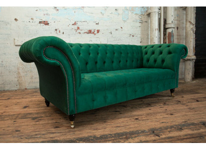 Klasická pohovka Chesterfield 3místná pohovka Samt kůže Design big zelená nová.
