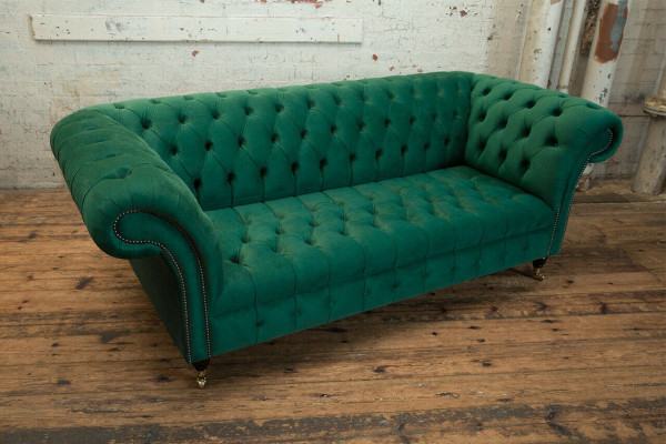 Klassische Chesterfield Couch 3 Sitzer Sofa Couch Samt Leder Design big grün neu