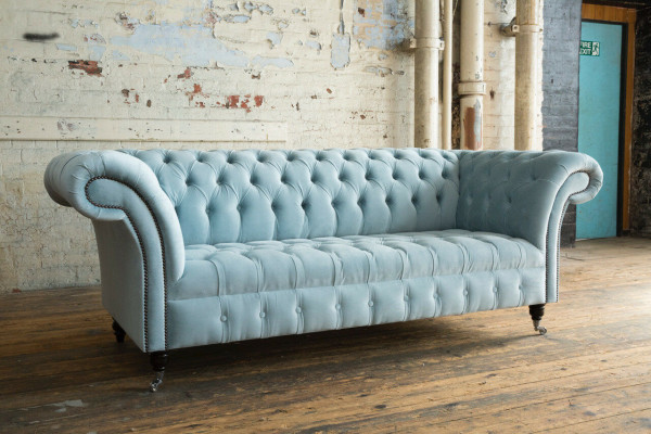 Chesterfield 3M-place Upholstered Sofa Leather Sofa Couch Textile Modern Style Blue