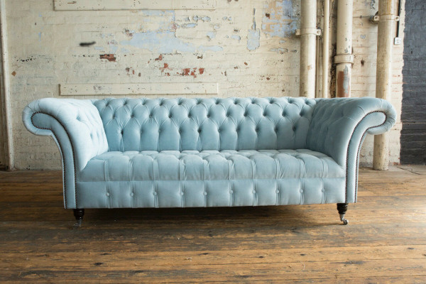Chesterfield 3M-place Upholstered Sofa Leather Sofa Couch Textile Modern Style Blue