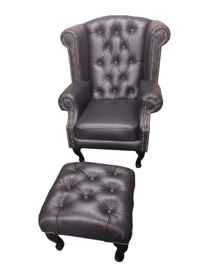 Luxus křeslo s ušima a stolička Chesterfield křeslo kožené černé moderní
