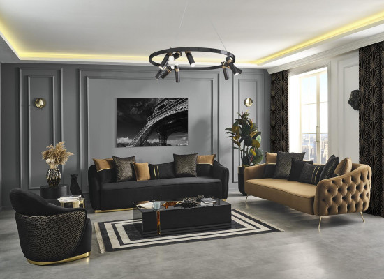 Moderní Chesterfield čtyřmístná pohovka v modrém polyesterovém materiálu s moderním designem, zbrusu nová.