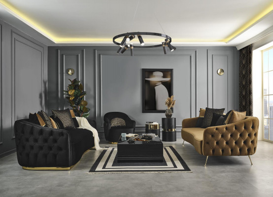 Chesterfield sedací souprava – sofa, křeslo Modrá Polyester Luxus Set 3 kusy