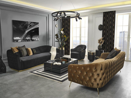 Chesterfield sedací souprava – sofa, křeslo Modrá Polyester Luxus Set 3 kusy