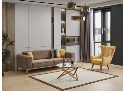 Sedací souprava, pohovka 4místná, křeslo, žluté látkové povlakování, moderní čtyřmístná