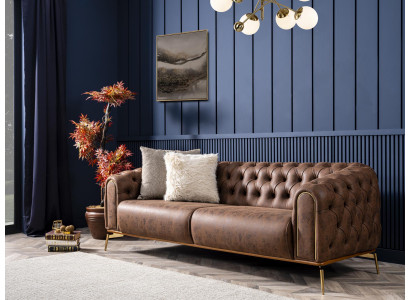 Chesterfield čtyřmístná pohovka 4-sedadlová sedačka Polyester hnědá umělá kůže