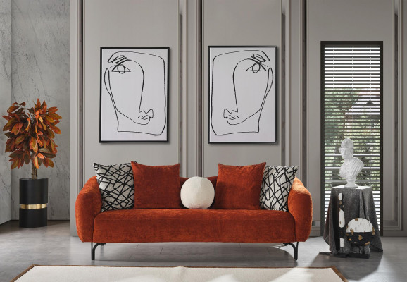 Třísedák, 3 místná pohovka, moderní design, oranžový látka do obývacího pokoje.