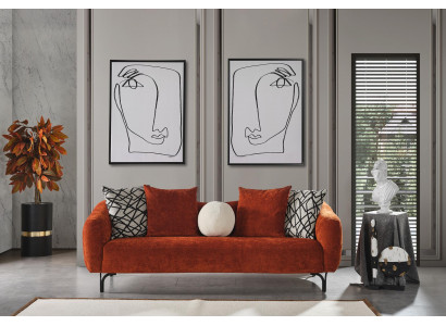 Třísedák, 3 místná pohovka, moderní design, oranžový látka do obývacího pokoje.