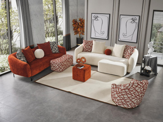 Třísedák, 3 místná pohovka, moderní design, oranžový látka do obývacího pokoje.