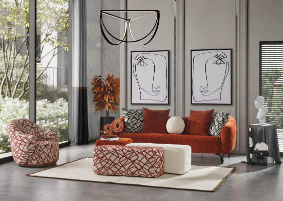Třísedák, 3 místná pohovka, moderní design, oranžový látka do obývacího pokoje.