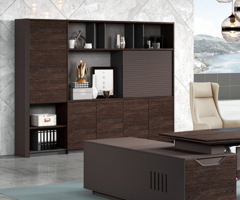 Stůl uveden jako rohový, nábytek do kanceláře, stůl, kartotéka, skříň, 2 díly.