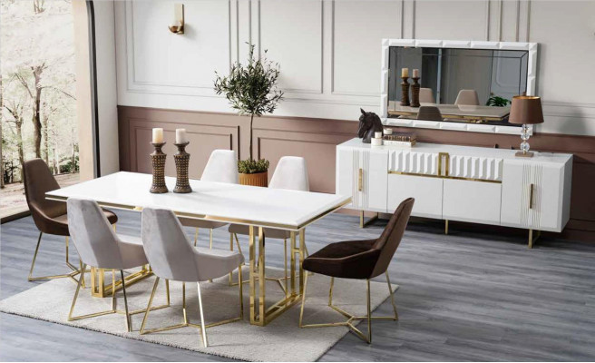 Jídelní stůl Jídelní místnost Stůl Italský styl Luxusní Stoly Bílý Zlatý