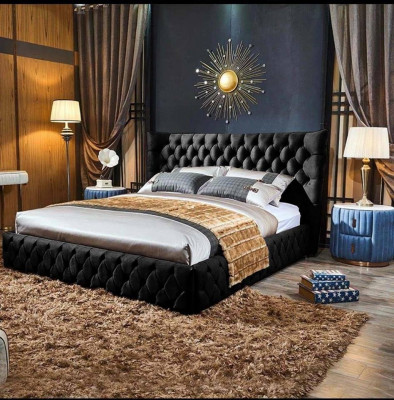 Chesterfield Černá postel Ložnice Postele Textilie Samet Velká Hotelová postel