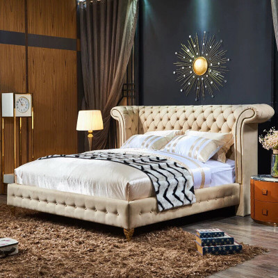 Chesterfield designová postel s polstrováním v anglickém stylu, barva béžová, rozměry 140/160/180x200 cm.