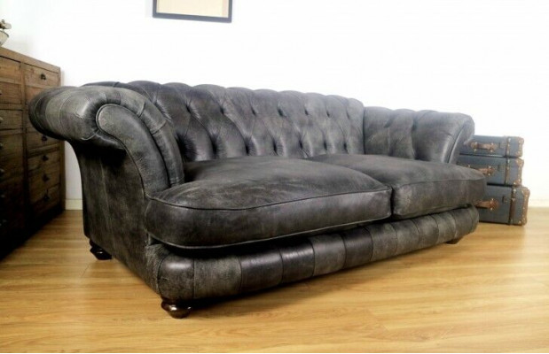 Chesterfield Big Xxxl Pohovka % Kožená Černá 3-Místná Vintážní Styl