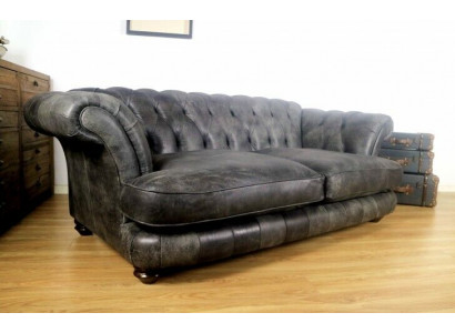 Chesterfield Big Xxxl Pohovka % Kožená Černá 3-Místná Vintážní Styl