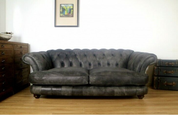 Chesterfield Big Xxxl Pohovka % Kožená Černá 3-Místná Vintážní Styl