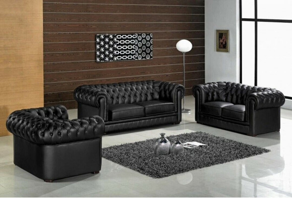 Černé sedací soupravy Chesterfield 3+2+1 Set Polstrová designérská sedací sestava.